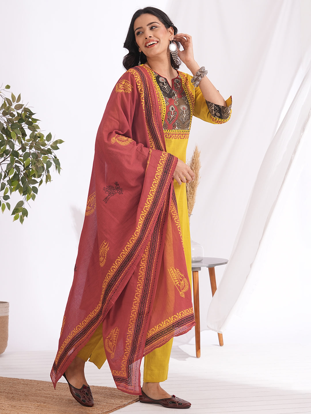 Embroidered Straight Kurta Suit Set with matching solid pants and a printed dupatta.