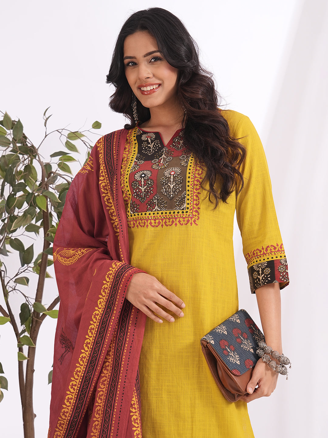 Embroidered Straight Kurta Suit Set with matching solid pants and a printed dupatta.