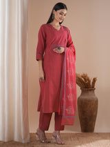 Pink dobby kurta set featuring highlights of contrasting colour embroidery & self bottom