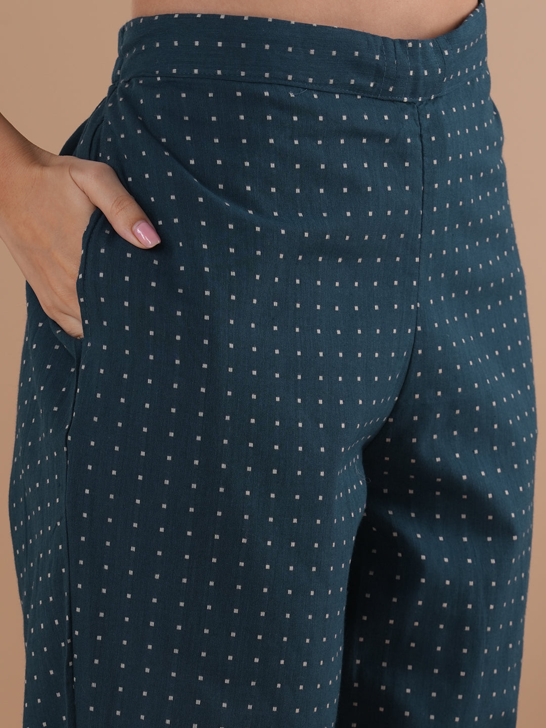 Blue dobby kurta set featuring highlights of contrasting colour embroidery & self bottom