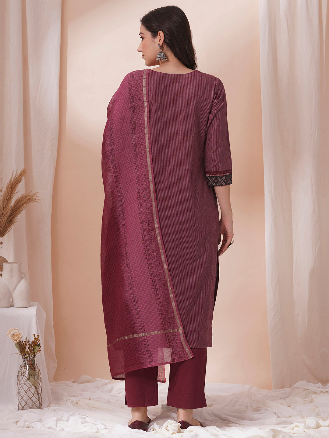 Maroon Striper straight fit kurta suit set with mix and match yoke emphasises of handwork.