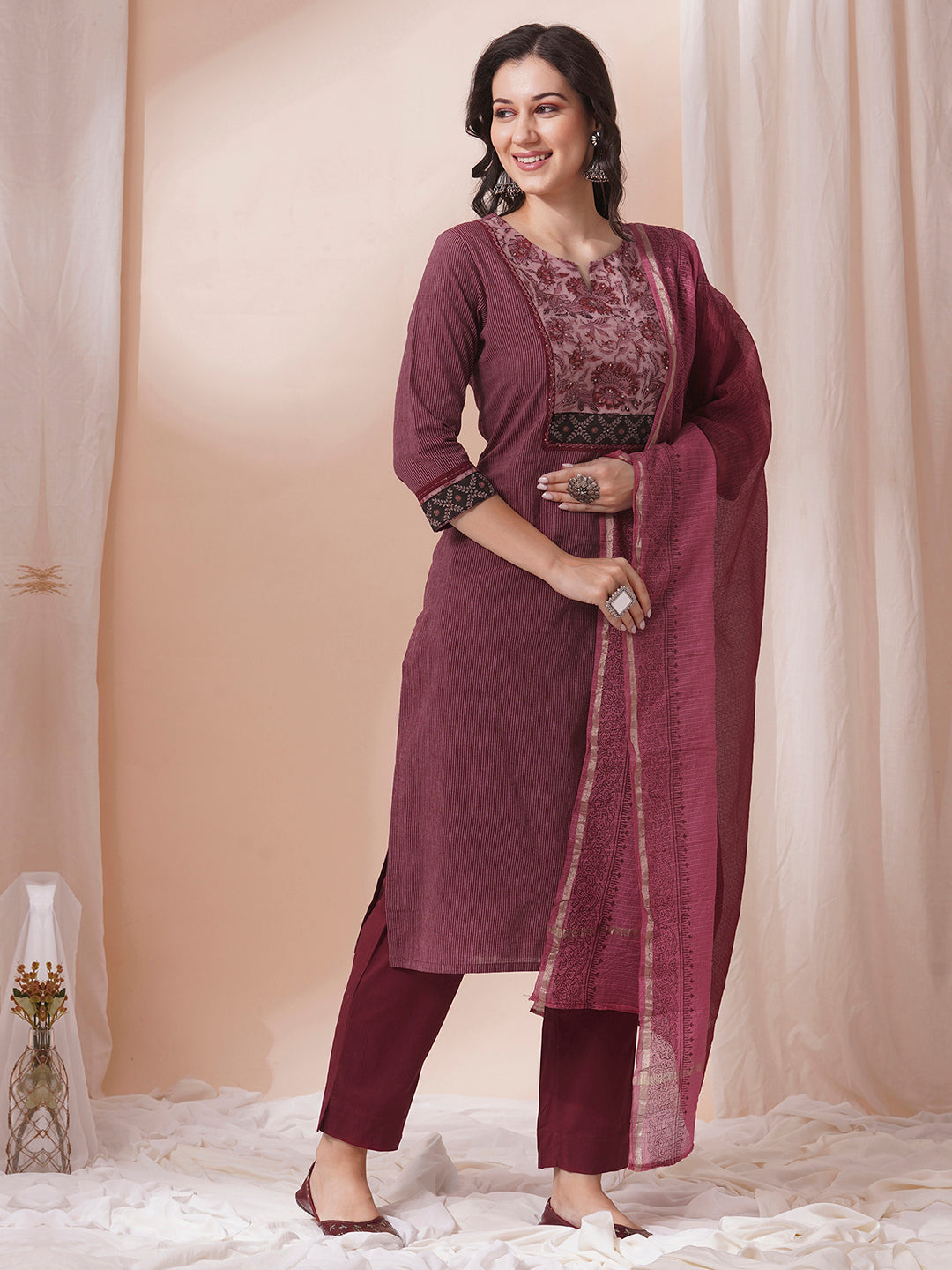 Maroon Striper straight fit kurta suit set with mix and match yoke emphasises of handwork.