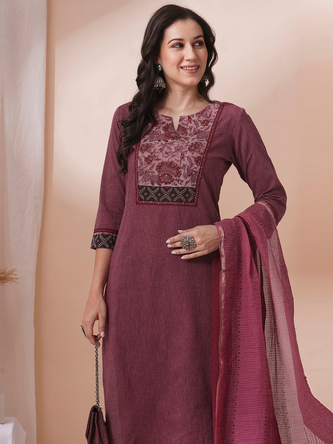 Maroon Striper straight fit kurta suit set with mix and match yoke emphasises of handwork.