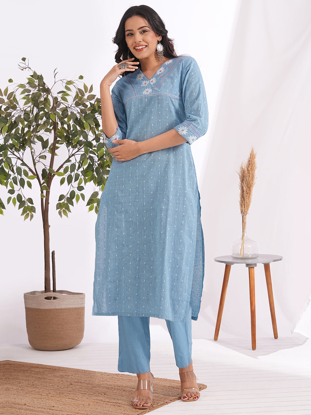 3-piece straight fit suit set mirror worked kurta adorned with a mal block printed dupatta.