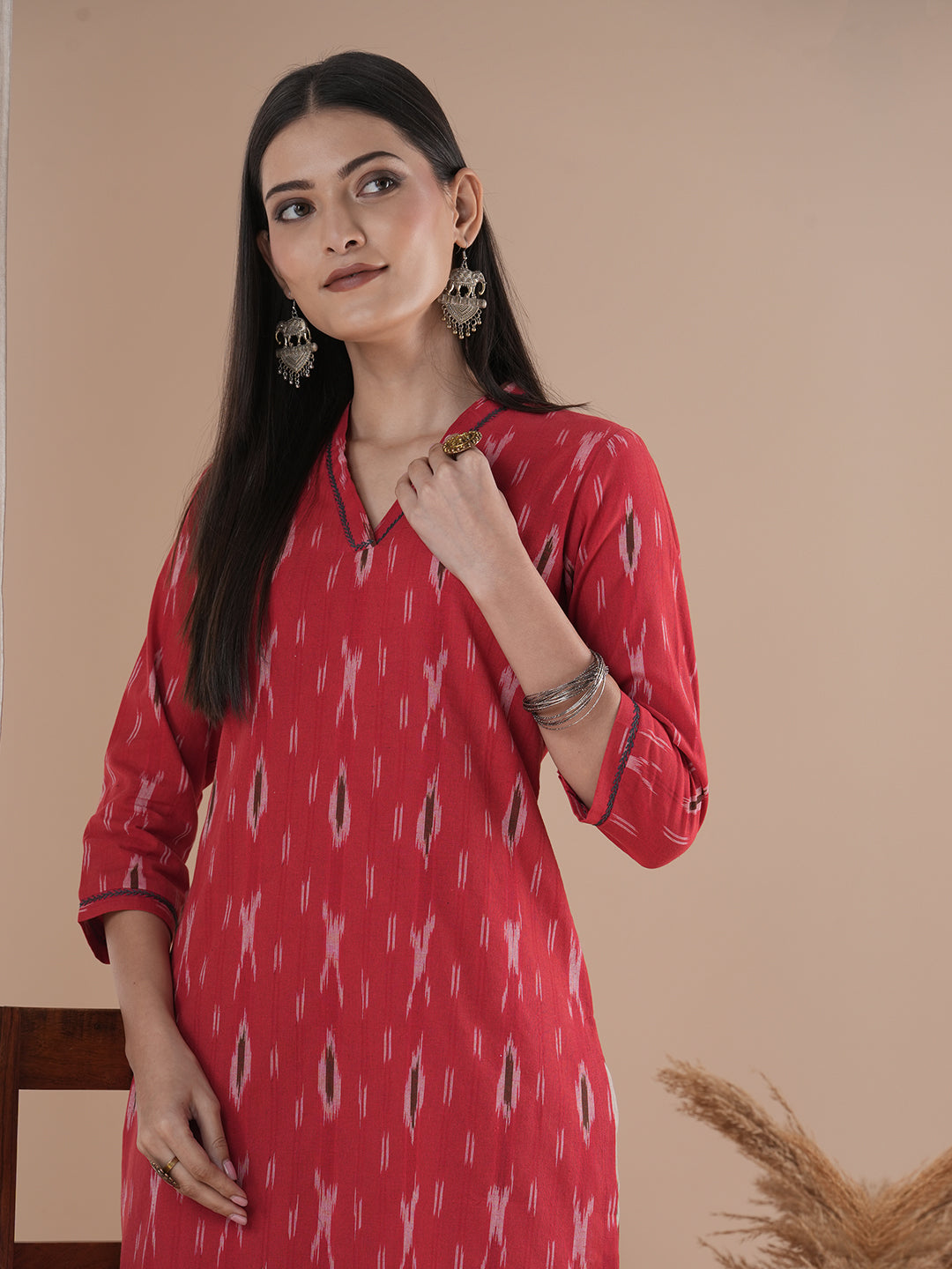 Straight fit kurta in cotton ikat fabric with hand embroidery highlight