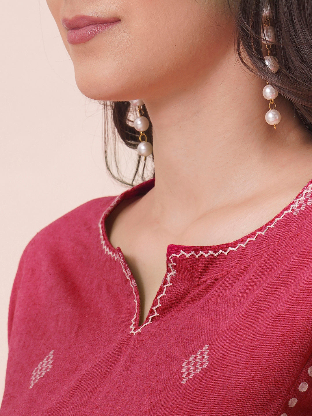 A-Line dobby kurta with block print on the princess Pannel and sleeve cuff along with handwork.