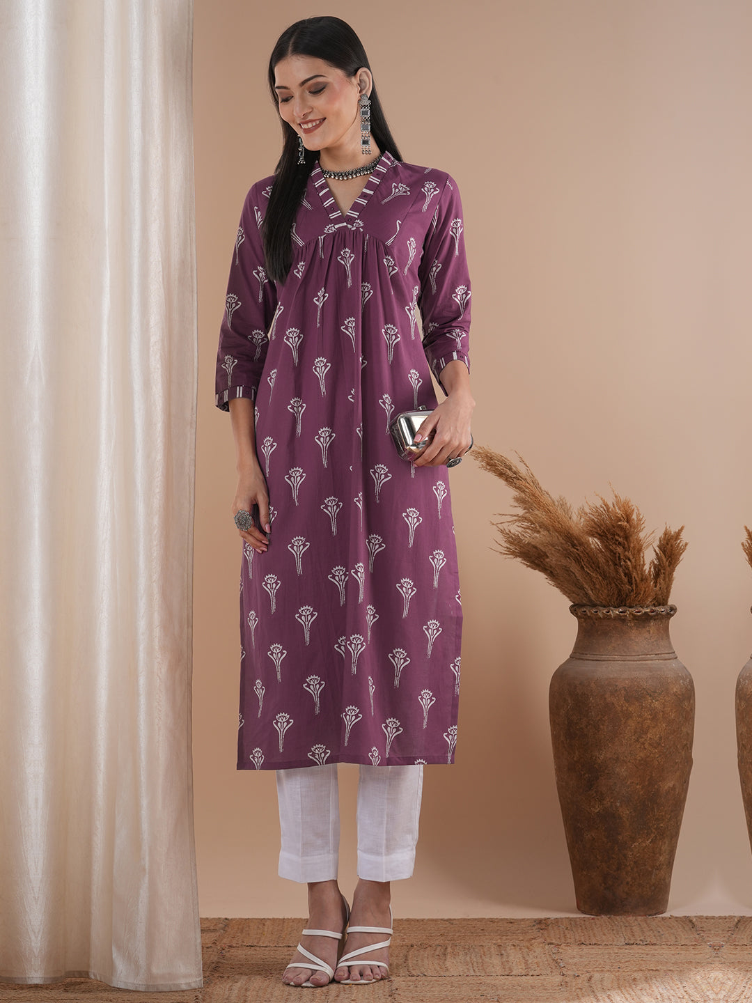 Gathered cotton print kurta with hand embroidery