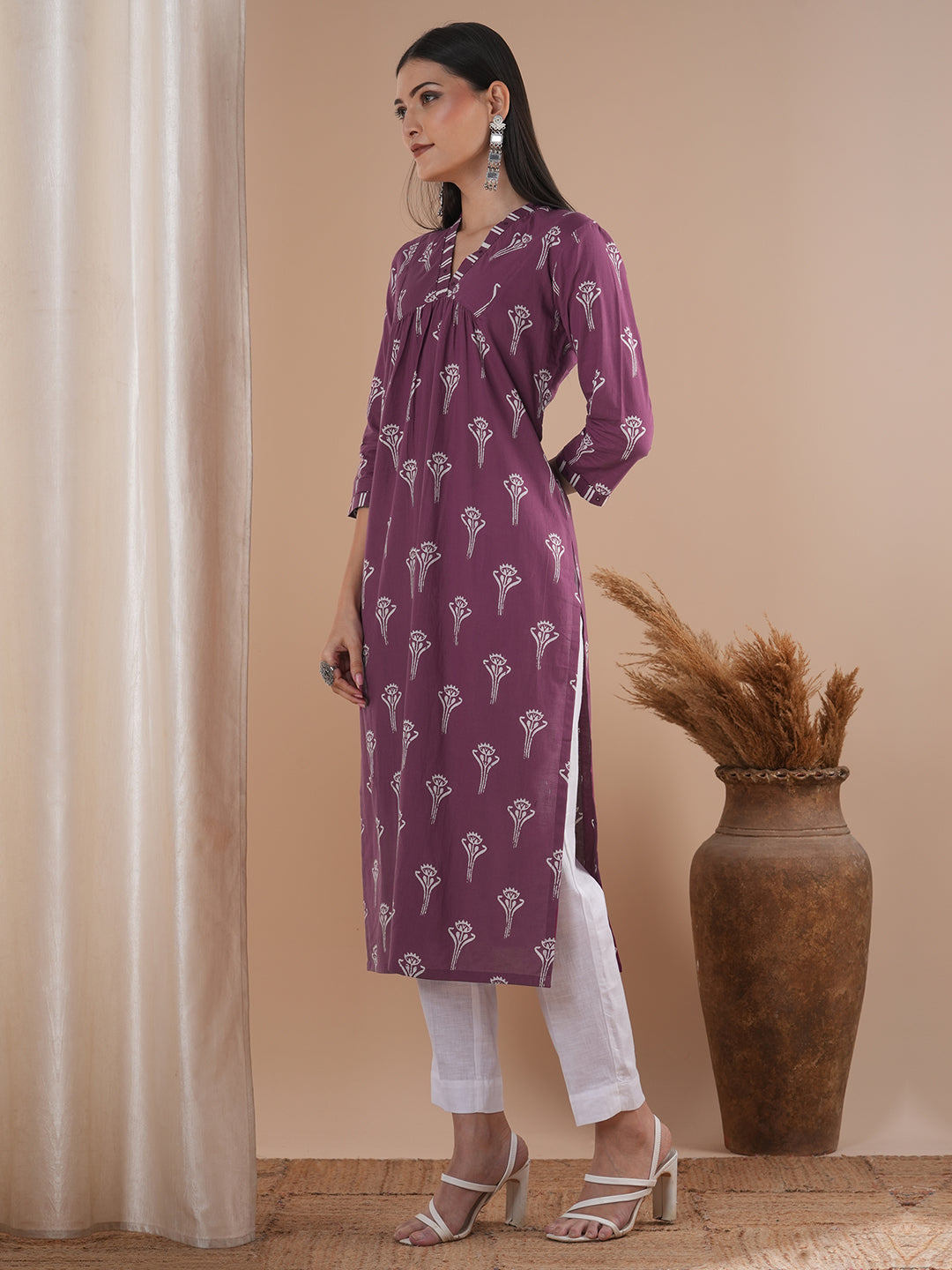 Gathered cotton print kurta with hand embroidery