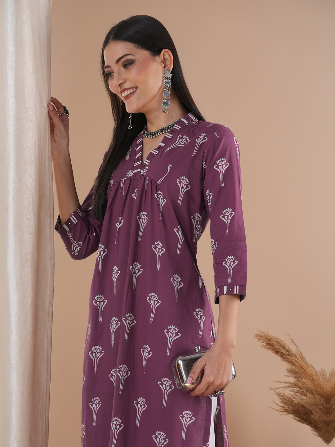 Gathered cotton print kurta with hand embroidery