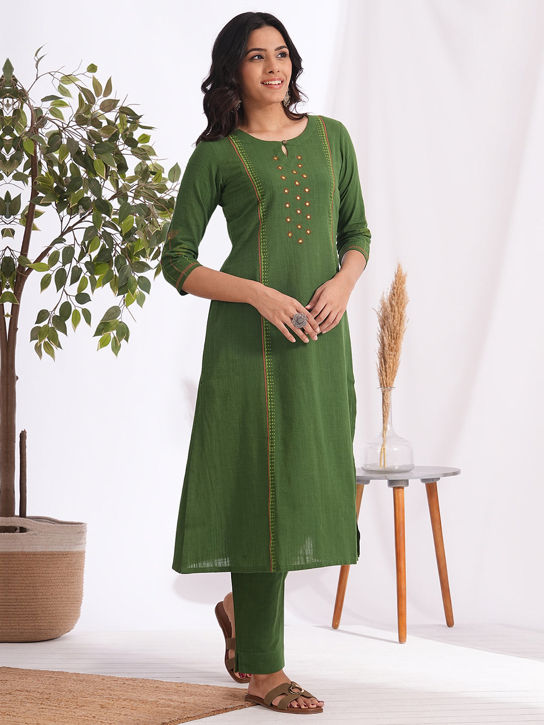 Pocketed A-line cotton slurb kurta with handwork and block print detailing