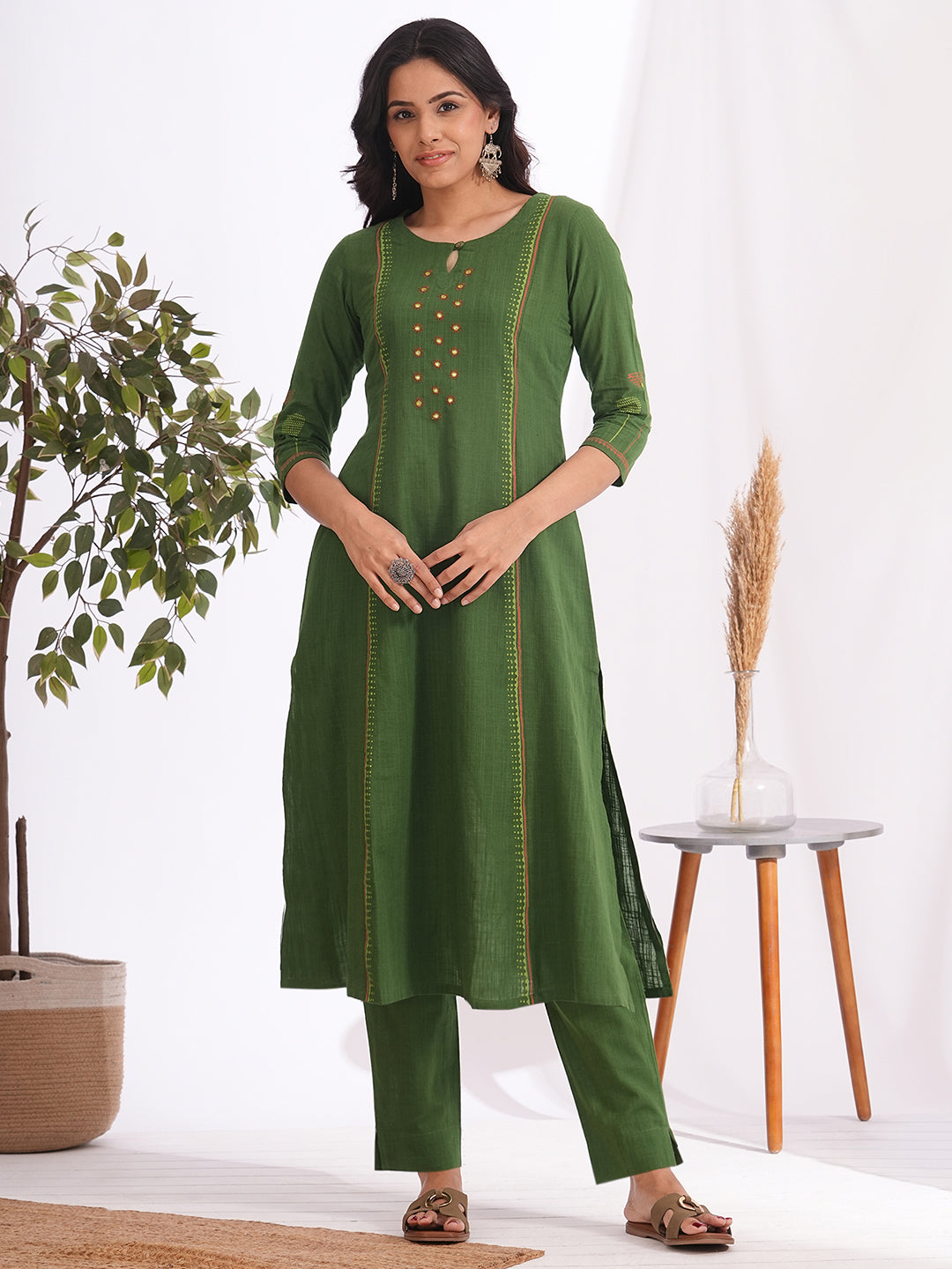 Pocketed A-line cotton slurb kurta with handwork and block print detailing
