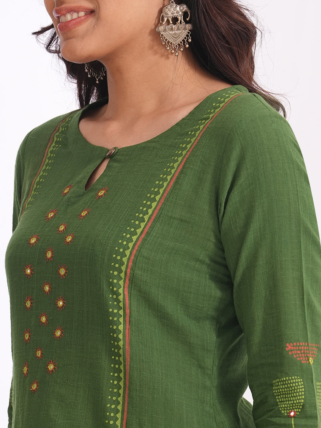 Pocketed A-line cotton slurb kurta with handwork and block print detailing
