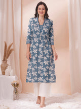 straight fit cotton print kurta in bluish grey shade with lace, hand work and gathering.
