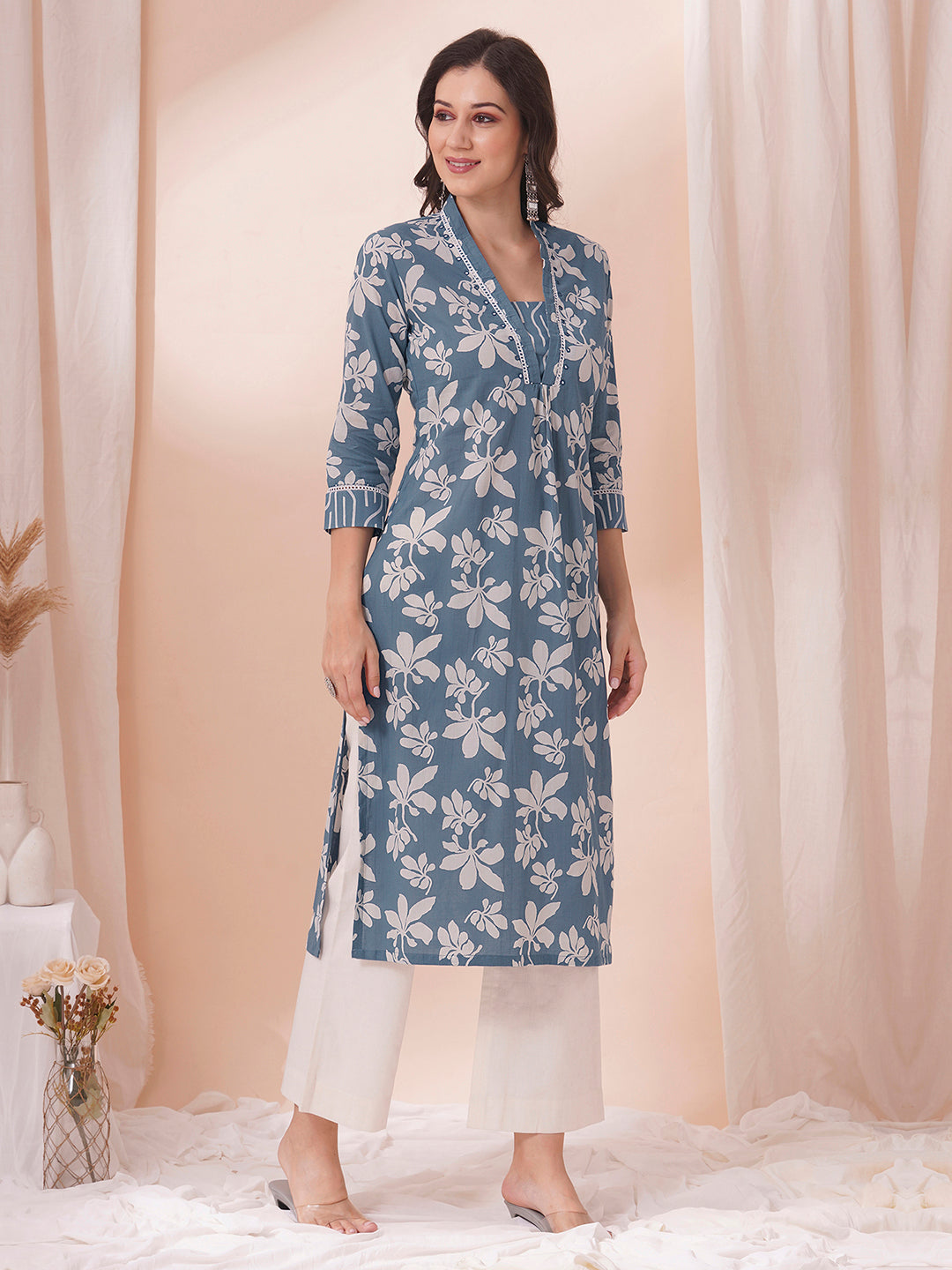straight fit cotton print kurta in bluish grey shade with lace, hand work and gathering.