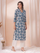 straight fit cotton print kurta in bluish grey shade with lace, hand work and gathering.