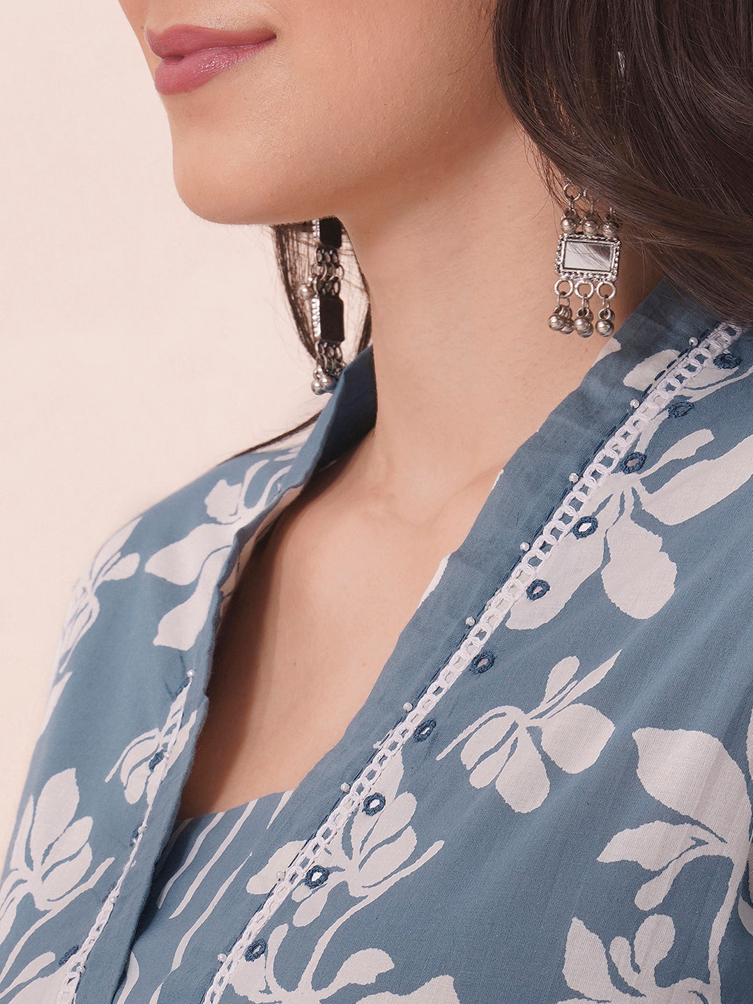 straight fit cotton print kurta in bluish grey shade with lace, hand work and gathering.