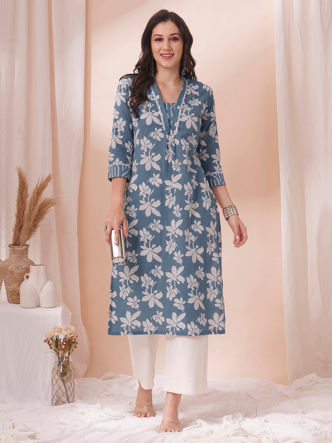 straight fit cotton print kurta in bluish grey shade with lace, hand work and gathering.