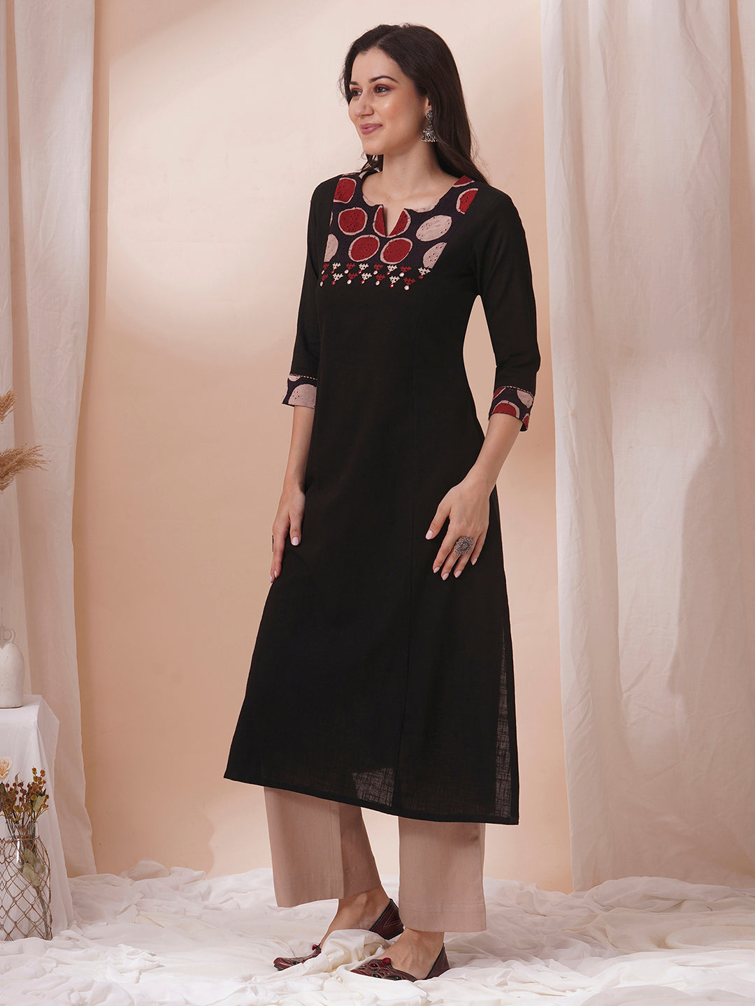 A-Line Elegant Black Cotton Slub Kurta with Princess Line Cut, Hand Block Print & Embroidery
