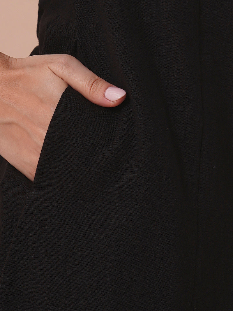 Princess line kurta in black cotton slub paired with hand block and hand embroidery.