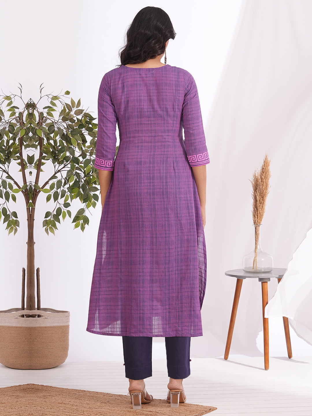 A-line colour blocked kurta in checkered cotton fabric with hand block print and handwork