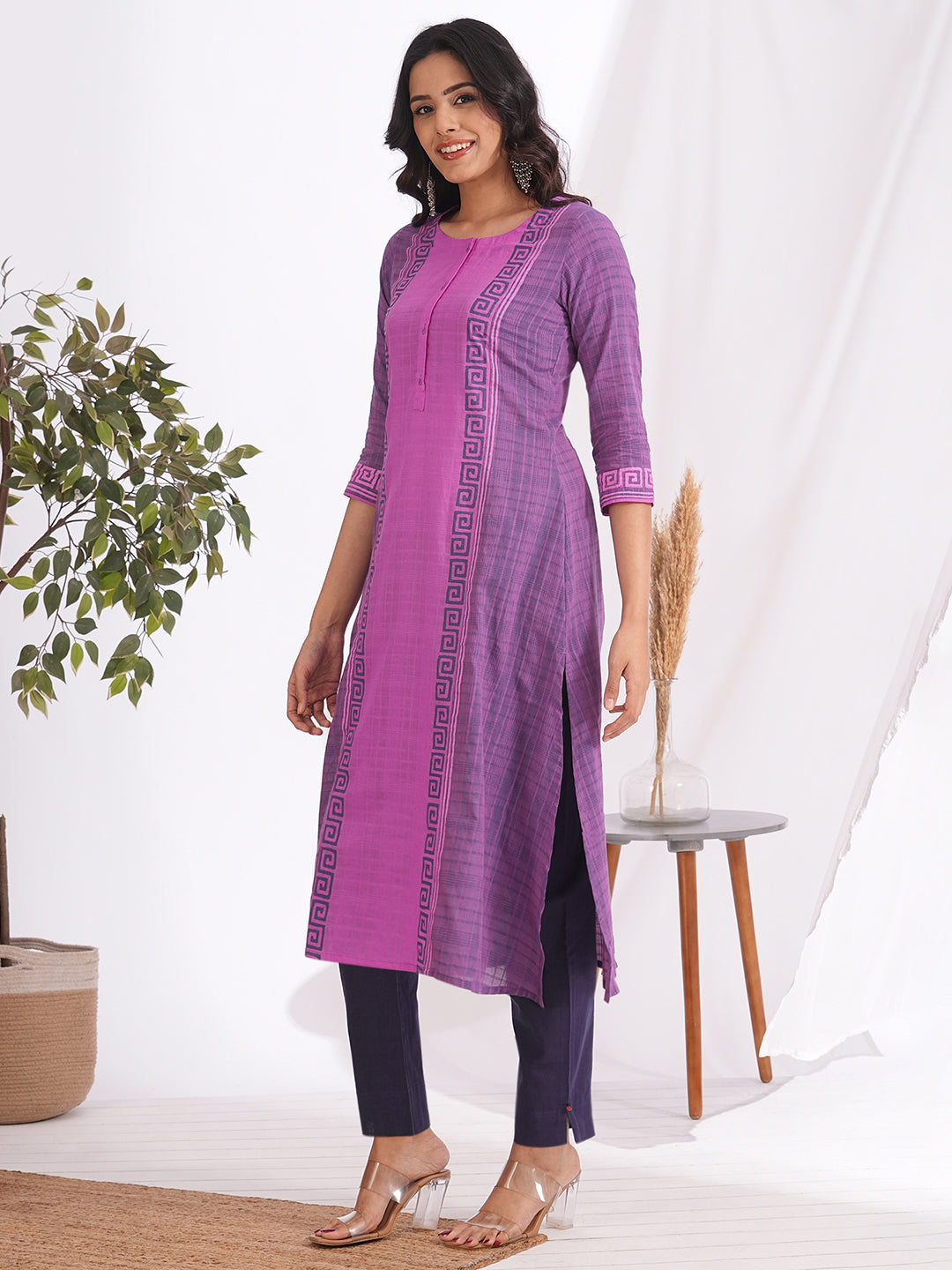 A-line colour blocked kurta in checkered cotton fabric with hand block print and handwork