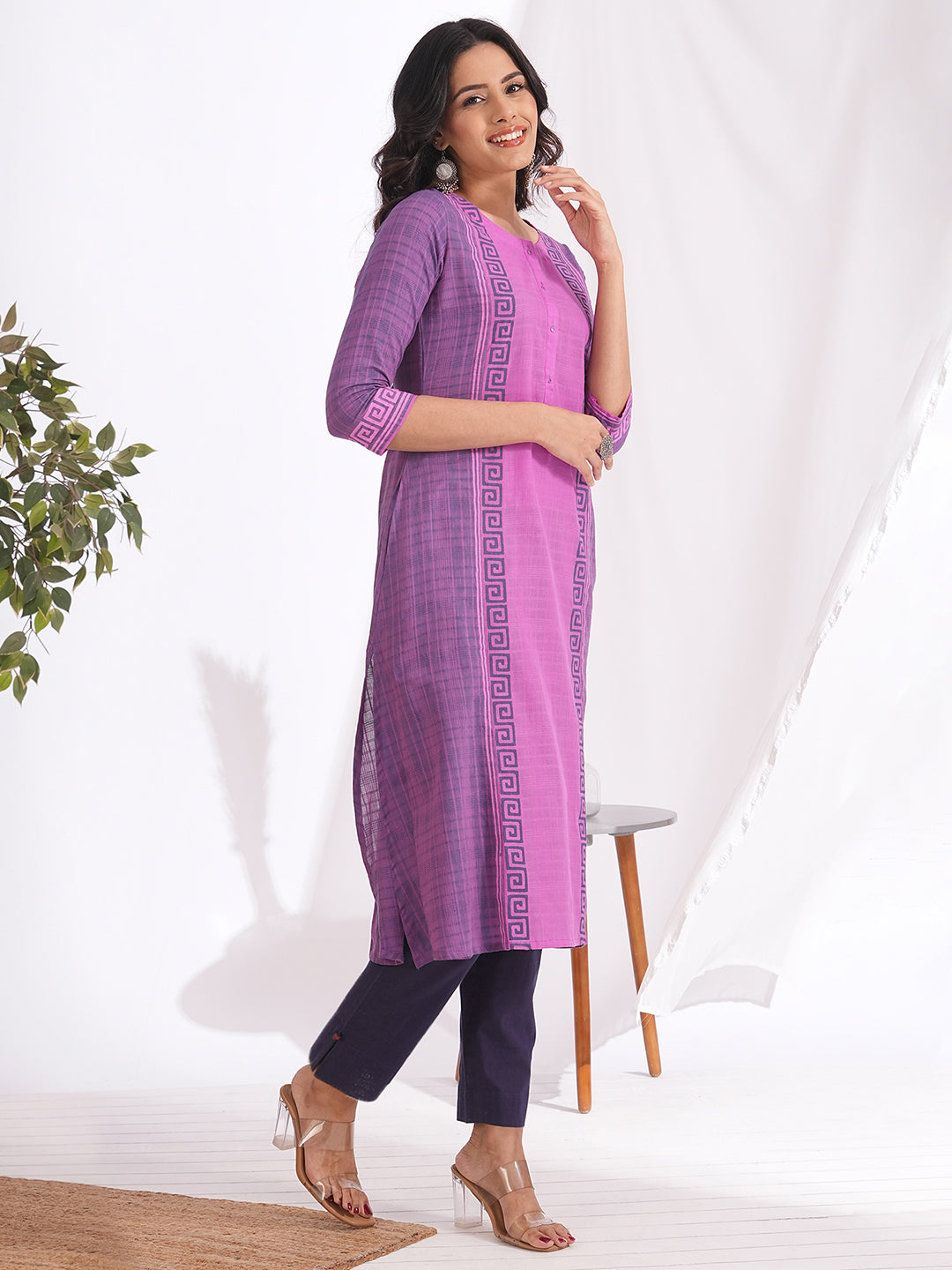 A-line colour blocked kurta in checkered cotton fabric with hand block print and handwork