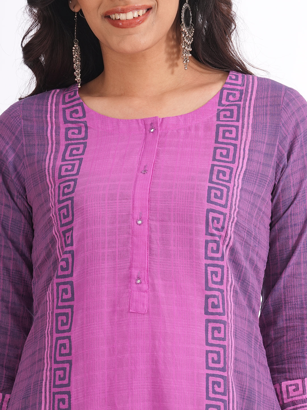 A-line colour blocked kurta in checkered cotton fabric with hand block print and handwork