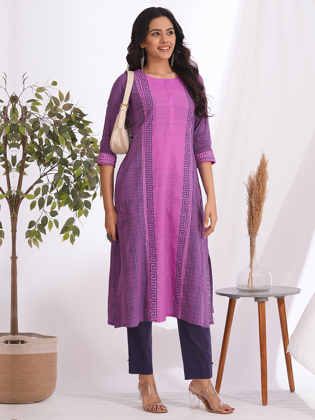 A-line colour blocked kurta in checkered cotton fabric with hand block print and handwork