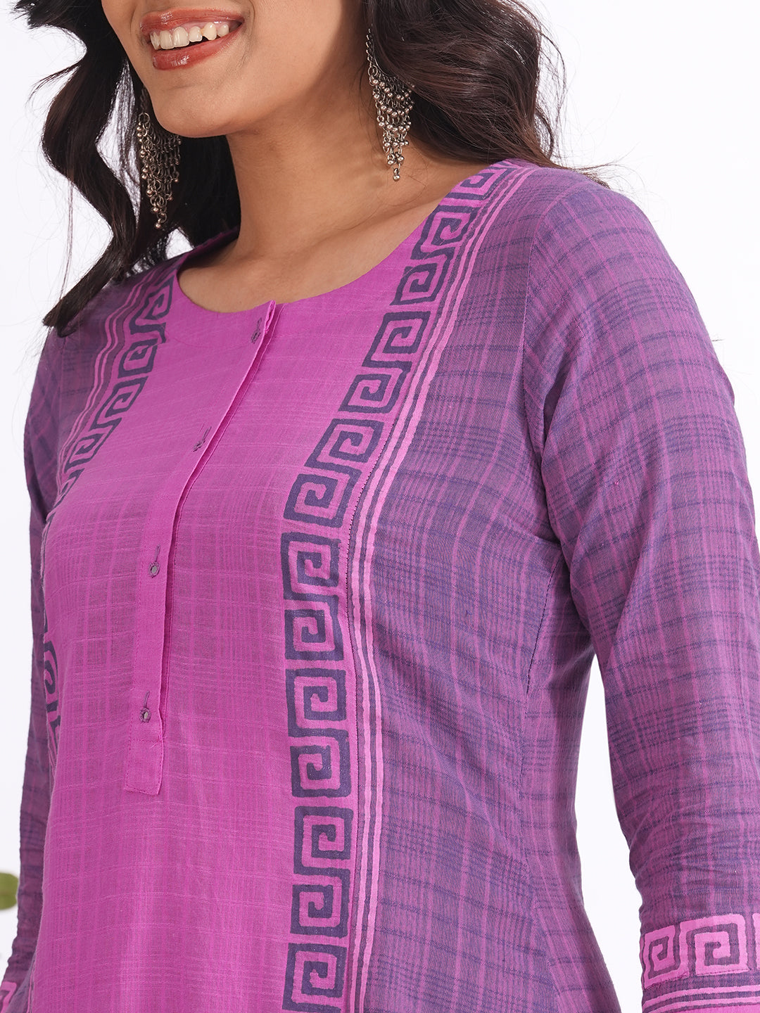 A-line colour blocked kurta in checkered cotton fabric with hand block print and handwork