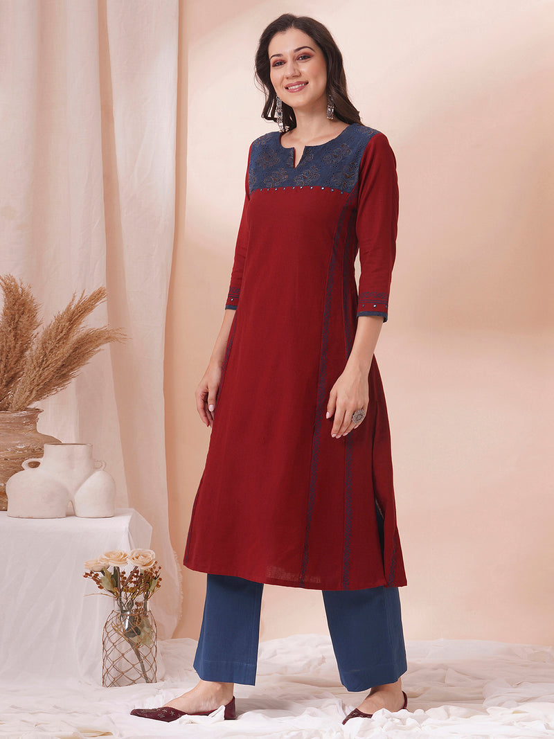 Princess line kurta in cotton flex with hand block printed shiflee trim and mirror work.