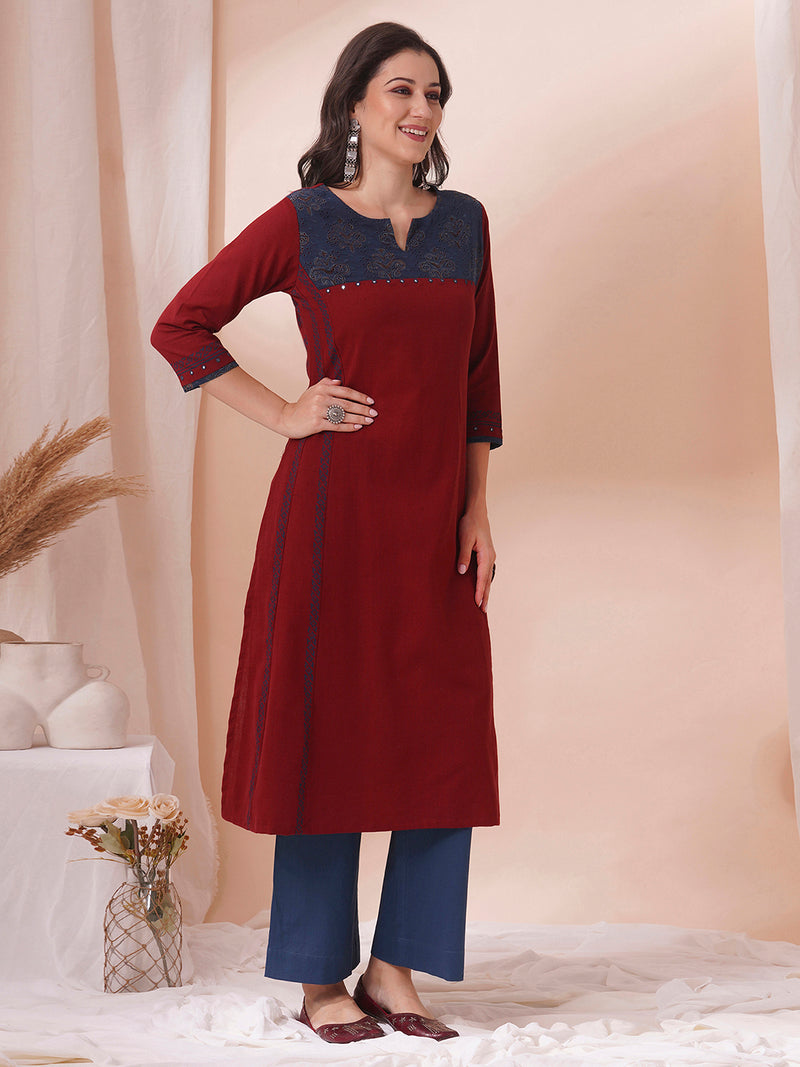 Princess line kurta in cotton flex with hand block printed shiflee trim and mirror work.