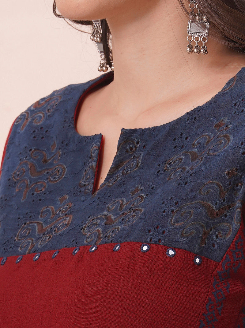 Princess line kurta in cotton flex with hand block printed shiflee trim and mirror work.