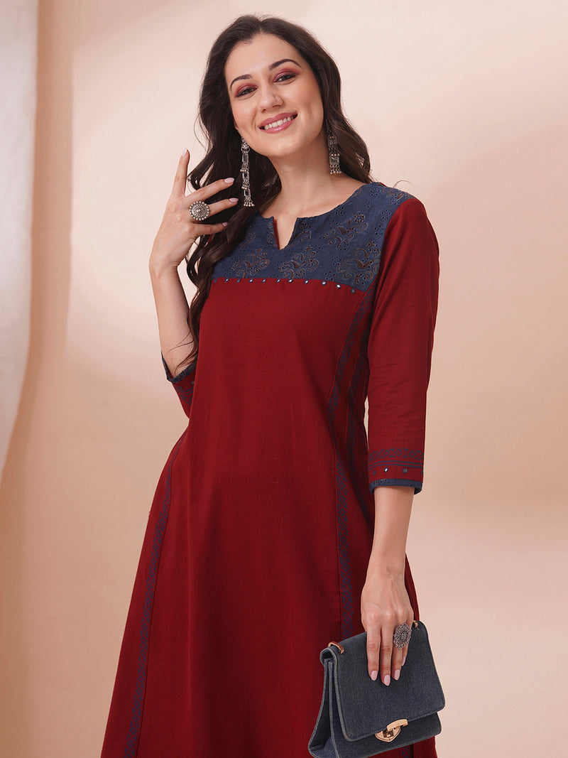 Princess line kurta in cotton flex with hand block printed shiflee trim and mirror work.