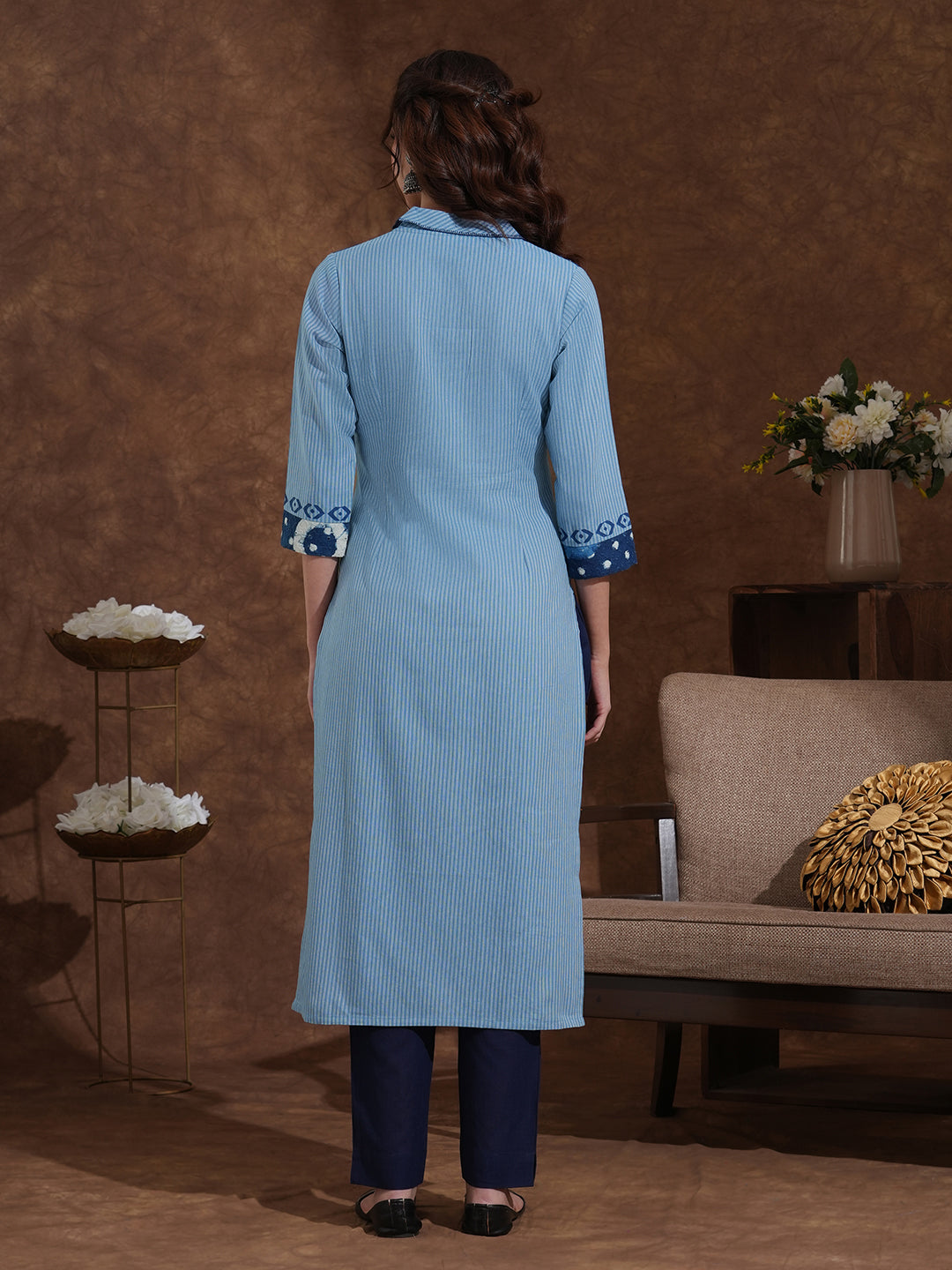 Straight Fit Cotton Striped Kurta Featuring Block Print and Handcrafted Detailing