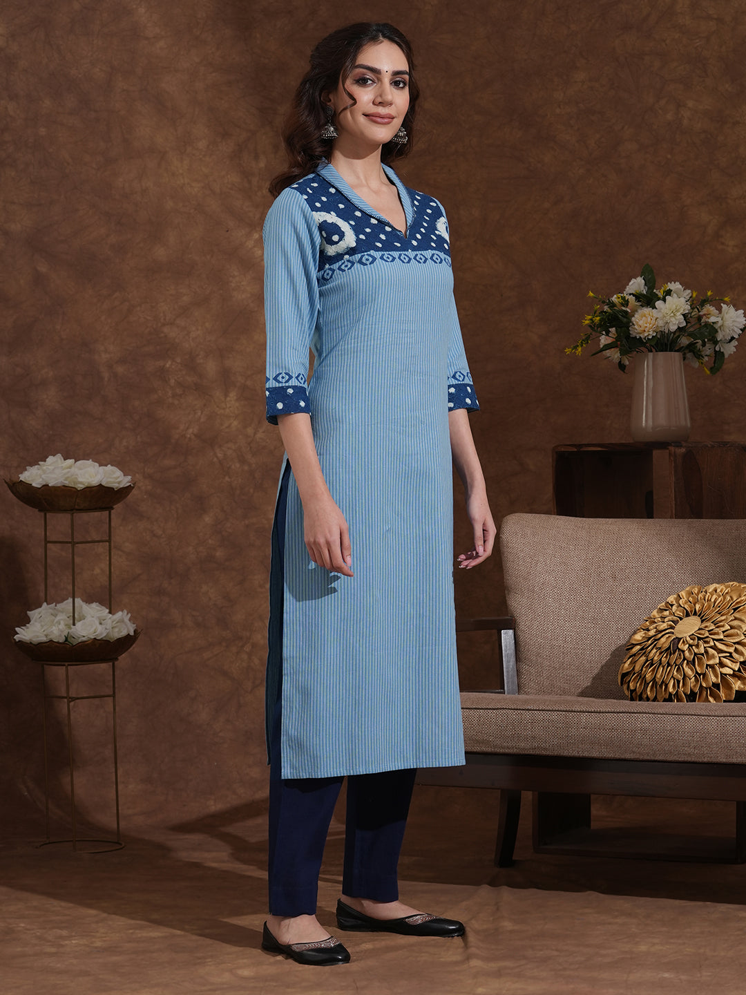 Straight Fit Cotton Striped Kurta Featuring Block Print and Handcrafted Detailing