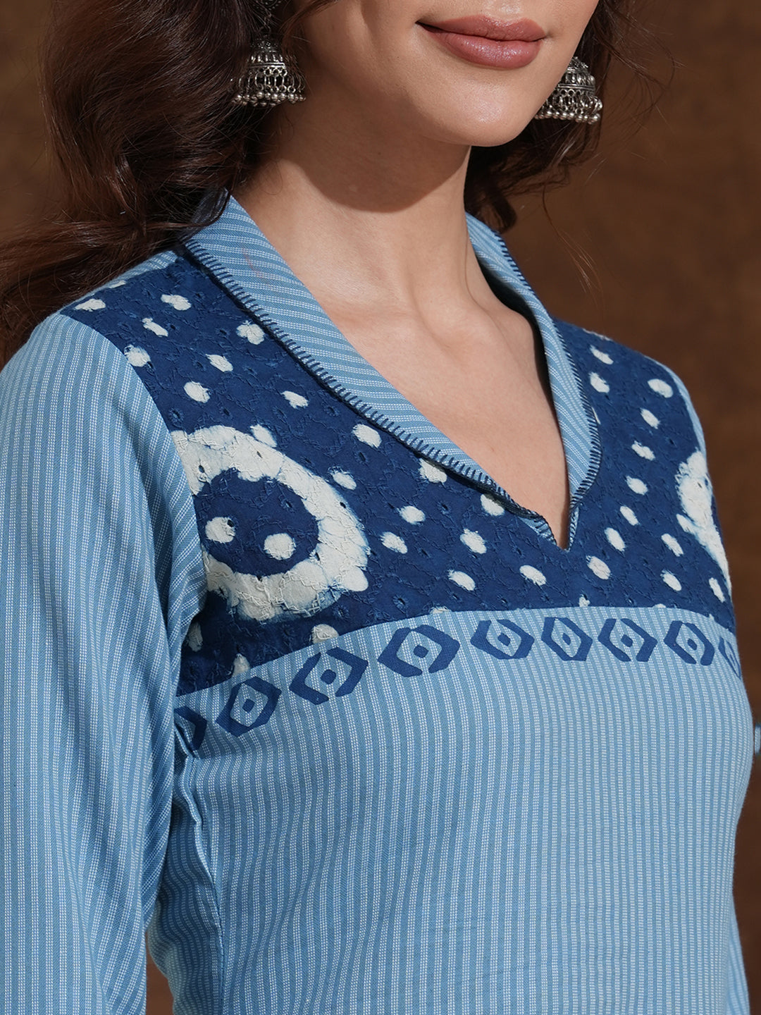 Straight Fit Cotton Striped Kurta Featuring Block Print and Handcrafted Detailing
