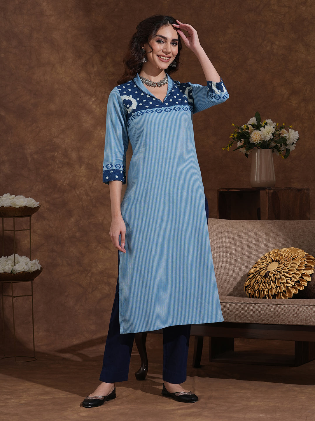Straight Fit Cotton Striped Kurta Featuring Block Print and Handcrafted Detailing