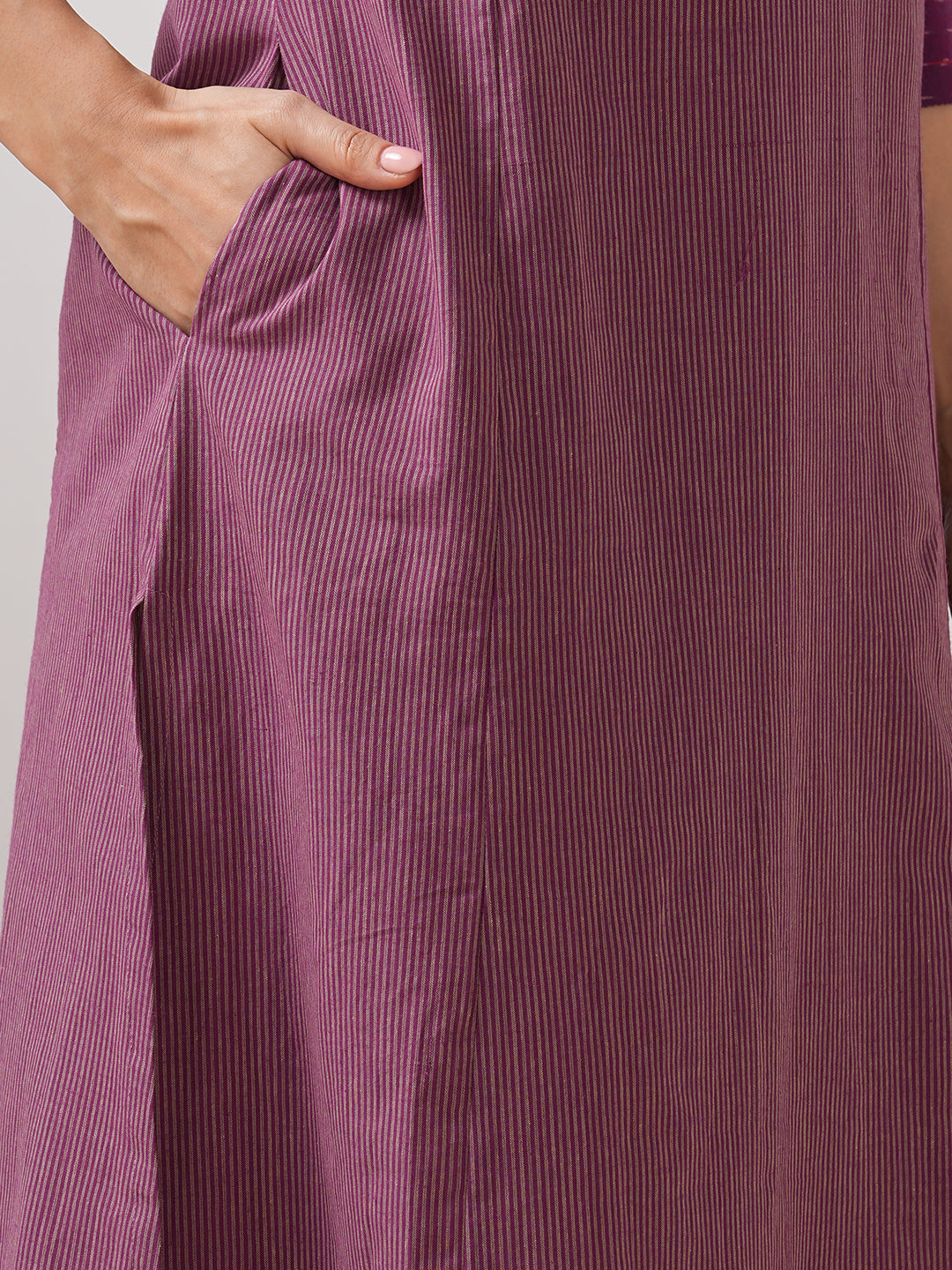 Striped cotton kurta in an A line fit with an ikkat trim and hand embroidery.