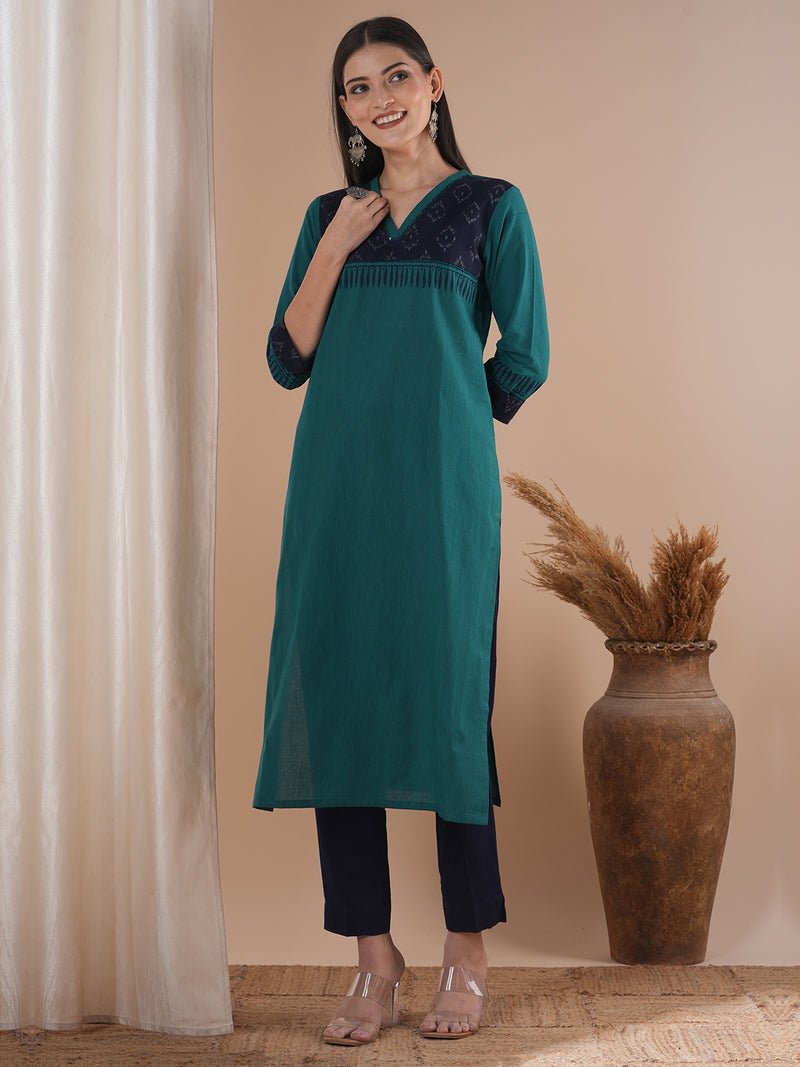 Straight fit cotton stripe kurta with an ikat trim and hand embroidery