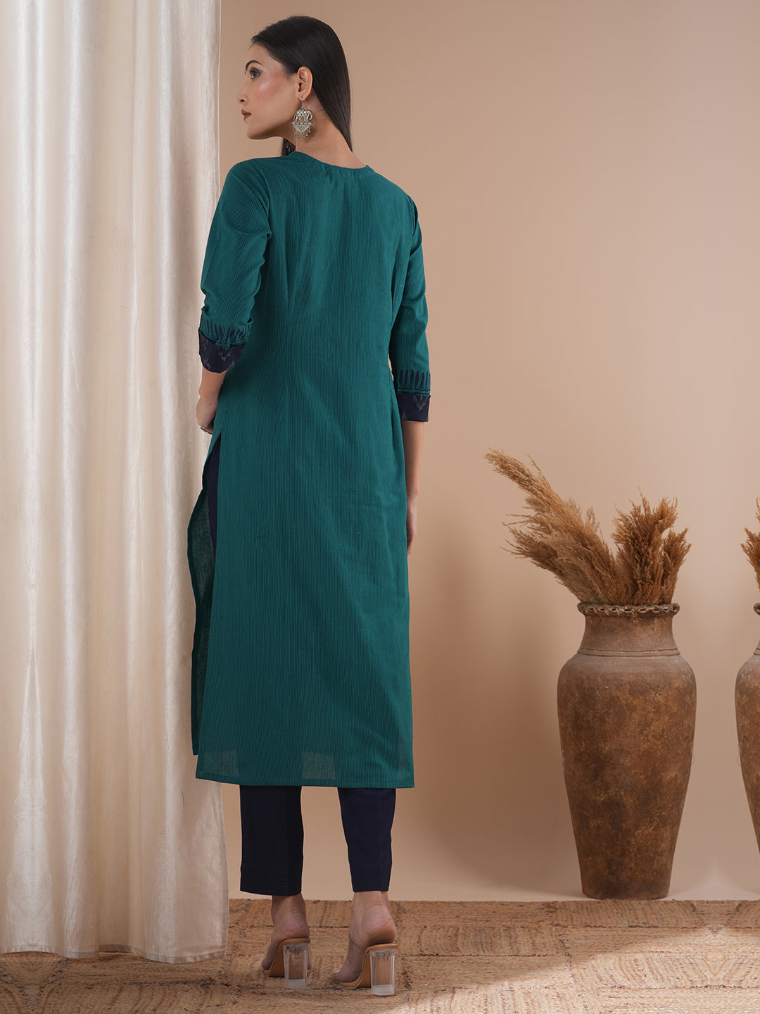Straight Fit Cotton Stripe Kurta with Ikat Trim and Delicate Hand Embroidery