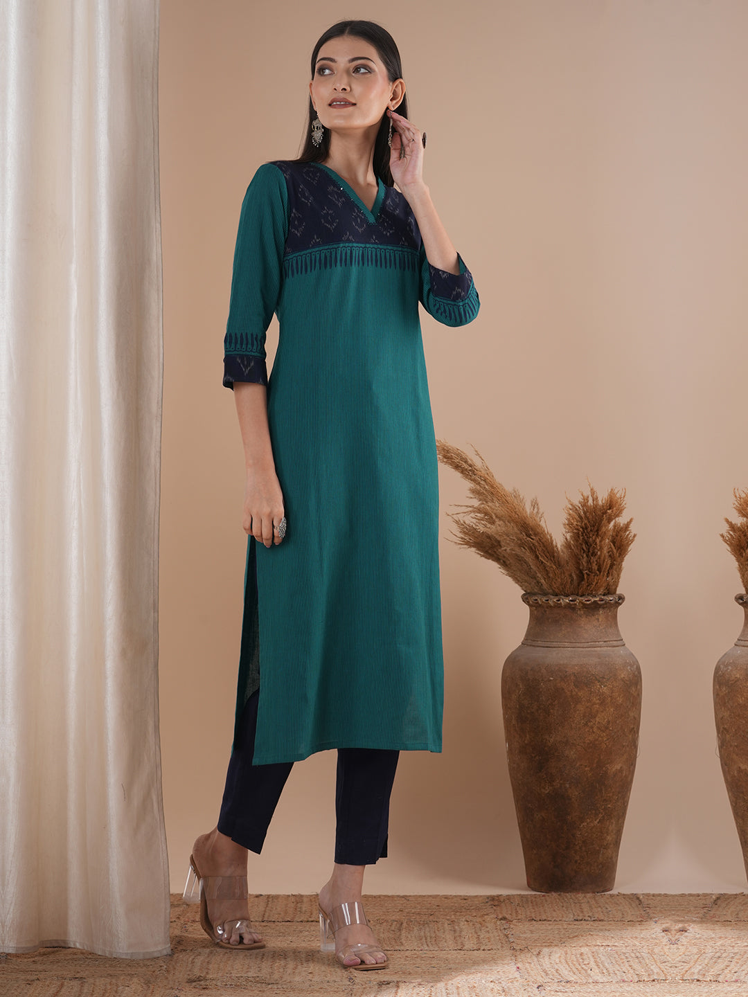 Straight Fit Cotton Stripe Kurta with Ikat Trim and Delicate Hand Embroidery