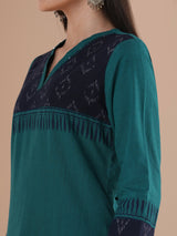 Straight fit cotton stripe kurta with an ikat trim and hand embroidery
