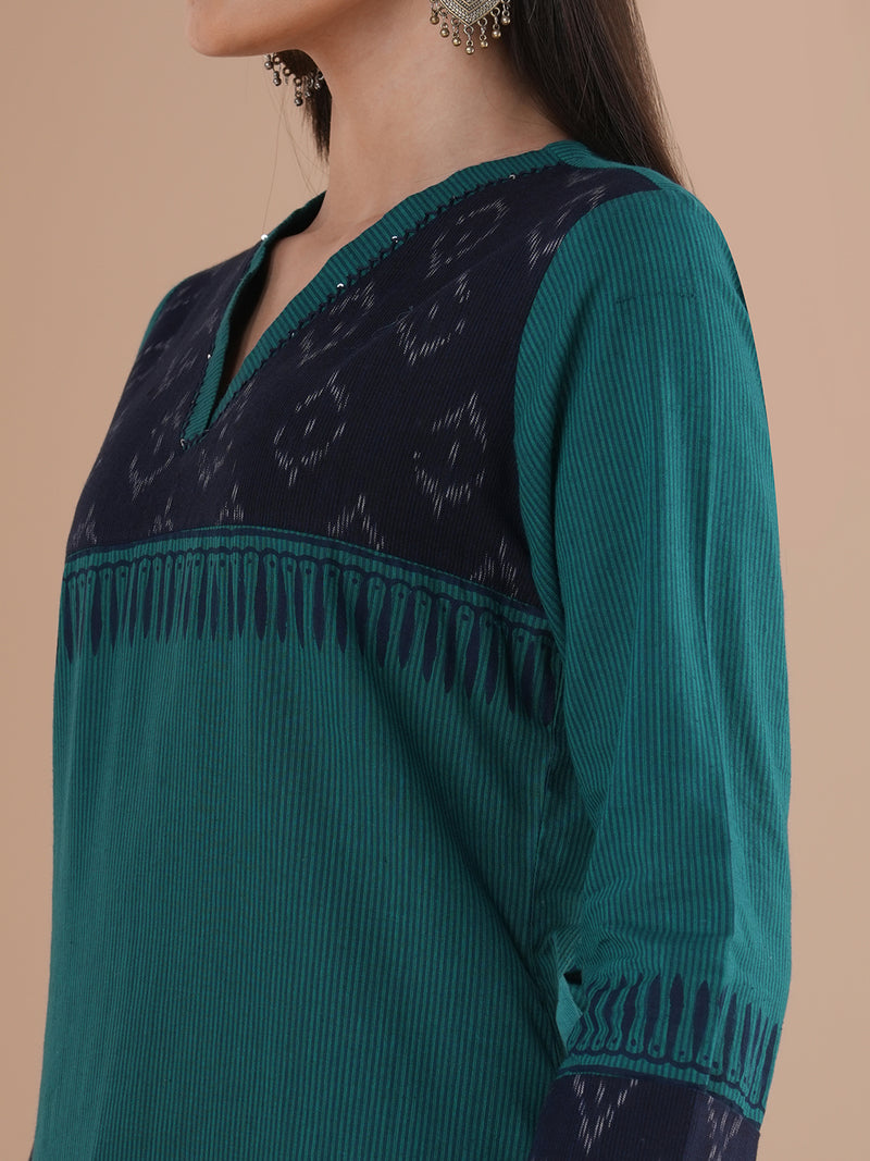 Straight fit cotton stripe kurta with an ikat trim and hand embroidery