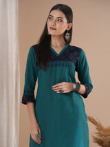 Straight fit cotton stripe kurta with an ikat trim and hand embroidery