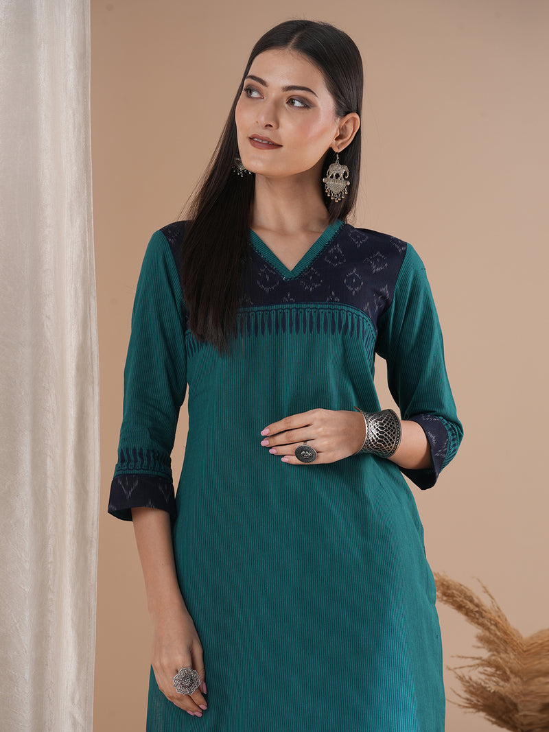 Straight fit cotton stripe kurta with an ikat trim and hand embroidery