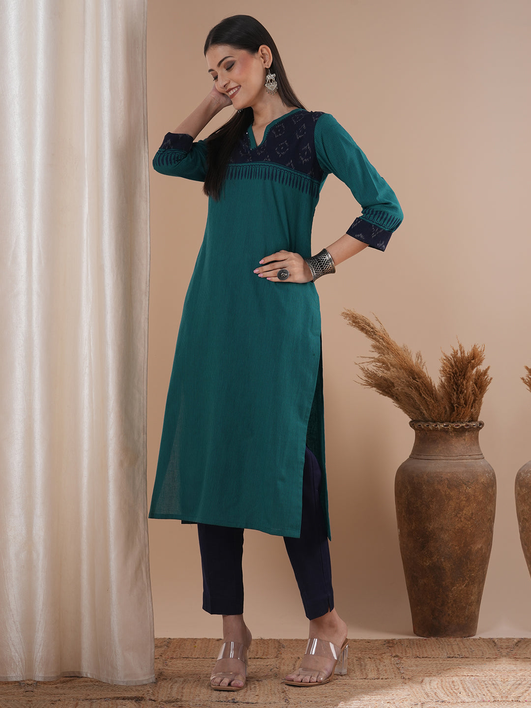 Straight Fit Cotton Stripe Kurta with Ikat Trim and Delicate Hand Embroidery