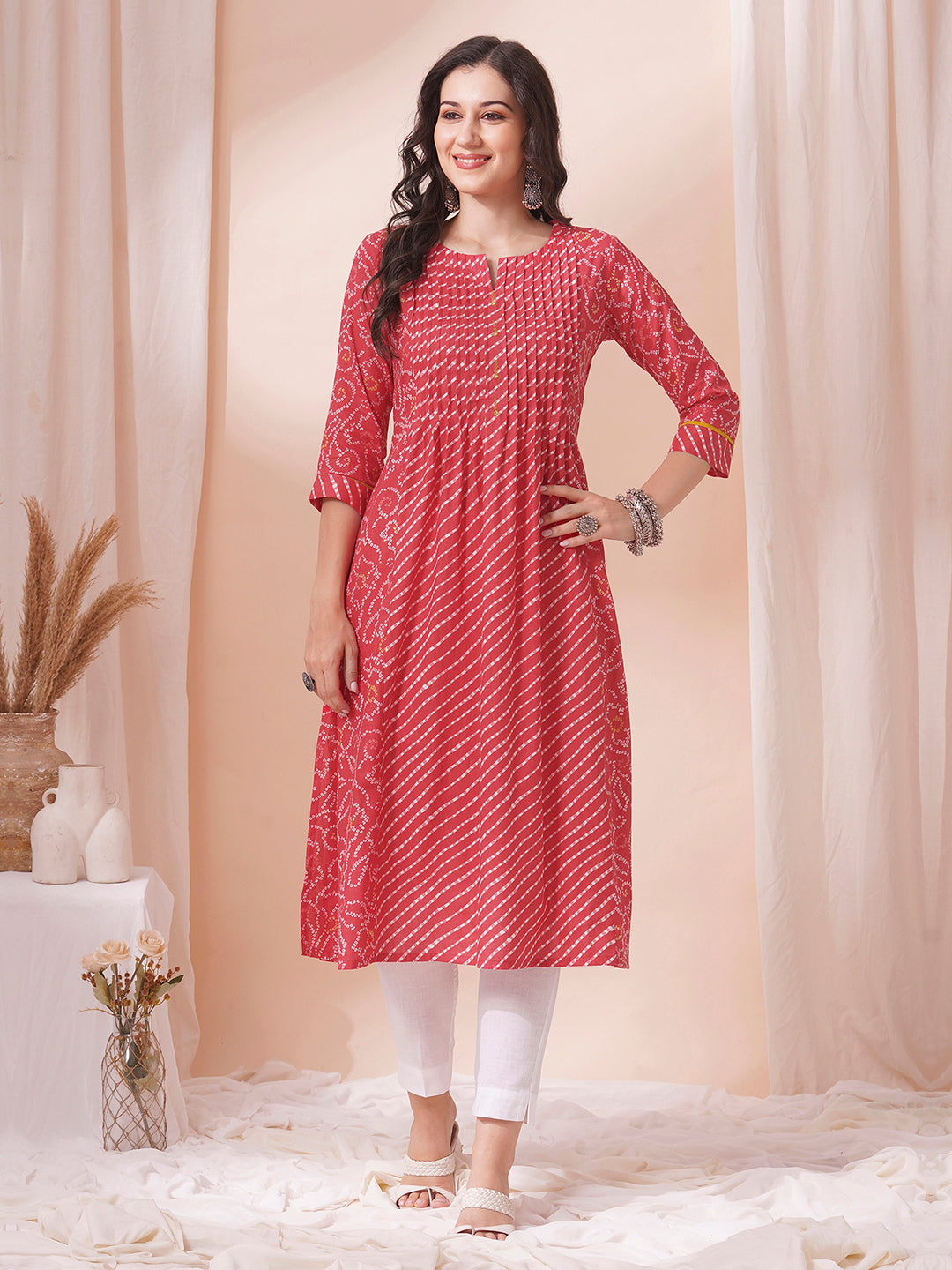 Pleated Cotton Printed A-Line Kurta with Hand Embroidery & Pocket Detail