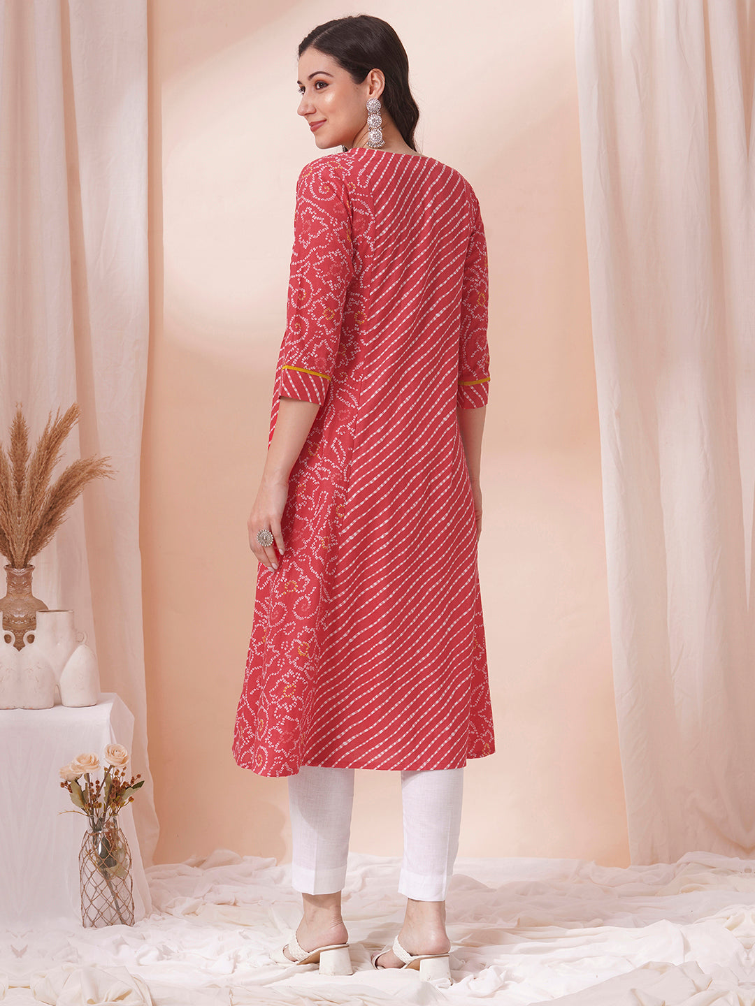 Pleated Cotton Printed A-Line Kurta with Hand Embroidery & Pocket Detail