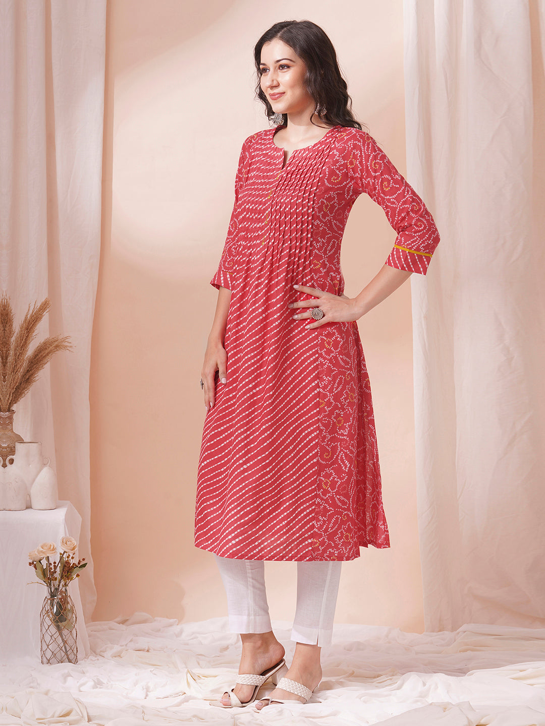 Pleated Cotton Printed A-Line Kurta with Hand Embroidery & Pocket Detail