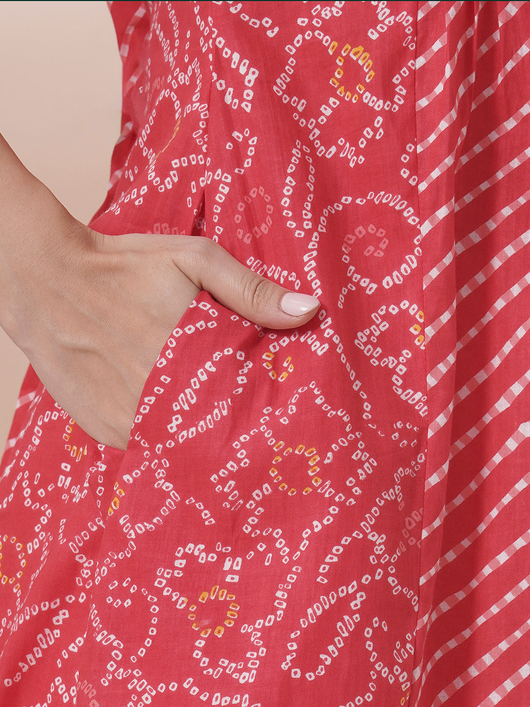 Pleated Cotton Printed A-Line Kurta with Hand Embroidery & Pocket Detail